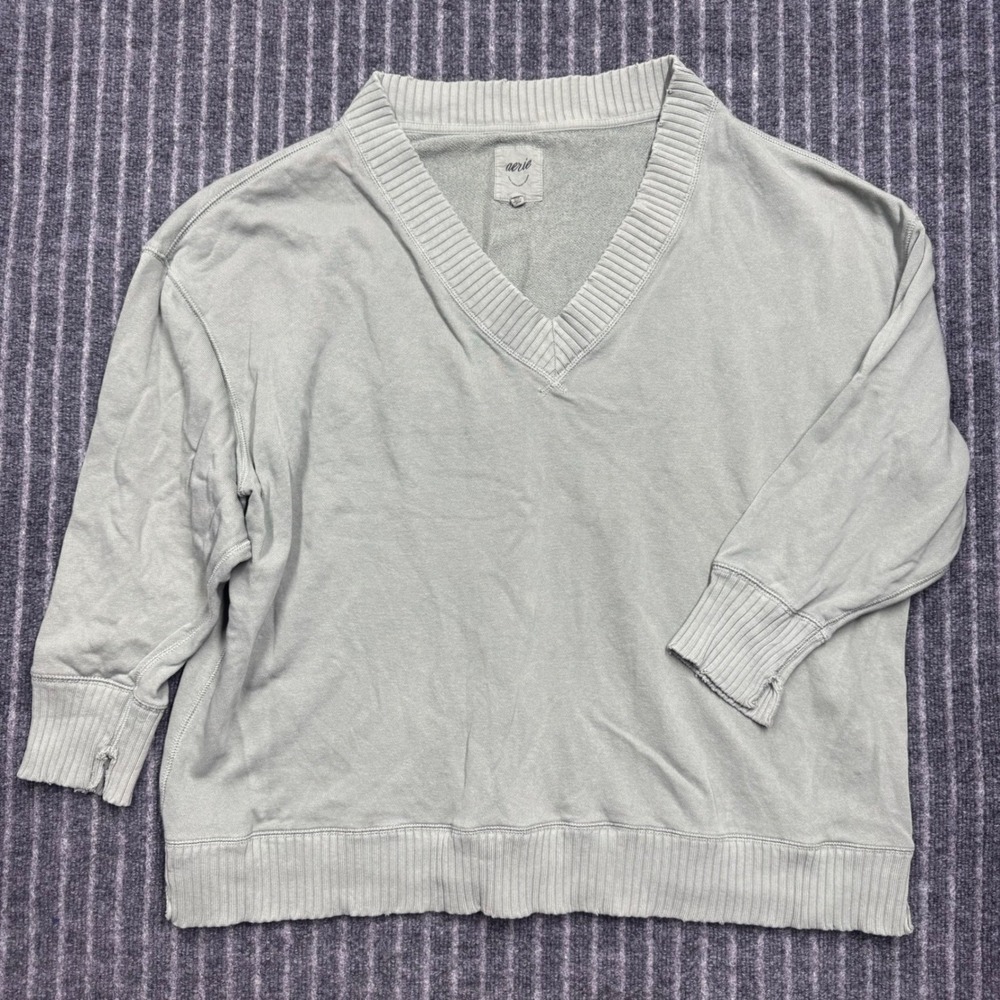 Aerie Womens Sweatshirt Large Sage Green V-Neck French Terry Pullover Oversized